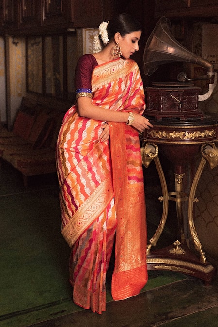 Priyanka Raajiv Red Silk, Banarasi Rangkaat Kadua Floral, Stripe Karni Woven Saree 