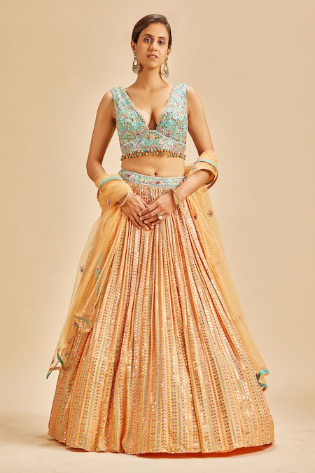 Nitika Gujral Orange Lehenga Chinnon Embroidery Resham V Neck Set