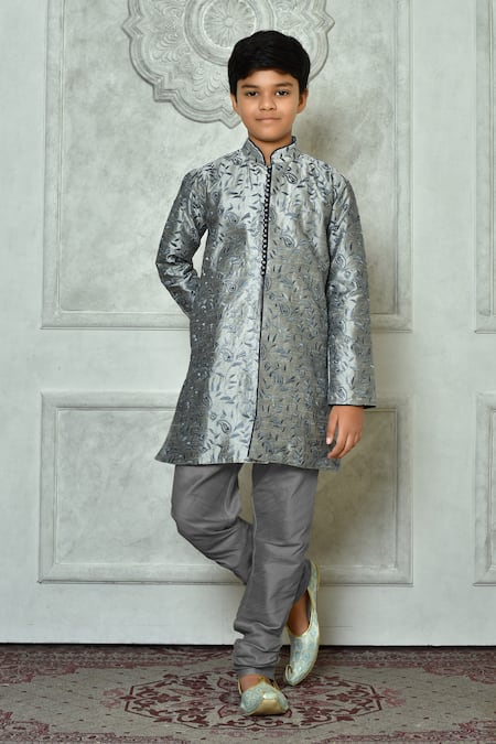 Petite Pomme Grey Silk Embroidery Leaf And Paisley Pattern Kurta Set 