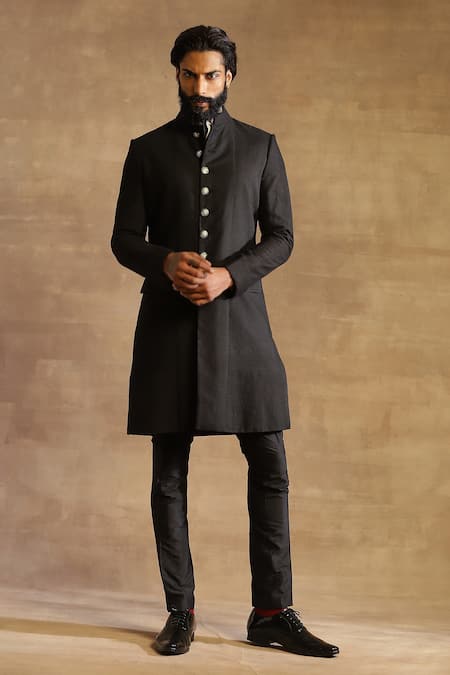 Raghavendra Rathore Jodhpur Black Silk Embroidered Stitch Line Slim Fit Achkan 