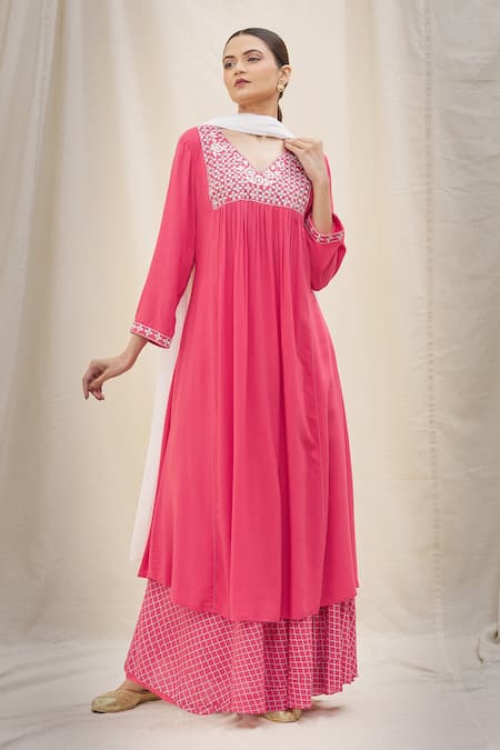 Shop_Adara Khan_Coral Cotton, Rayon, Chiffon Embroidery V-neck Kurta Skirt Set_Online_at_Aza_Fashions