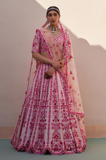 Angad Singh Pink Raw Silk Embroidery Zardozi Leaf Neck Floral Bridal Lehenga Set 