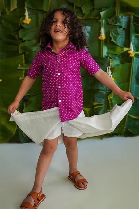Buy Purple 100% Cotton Bandhani And Fish Shirt & Mundu Dhoti Set For Boys  by Tiber Taber Online at Aza Fashions.