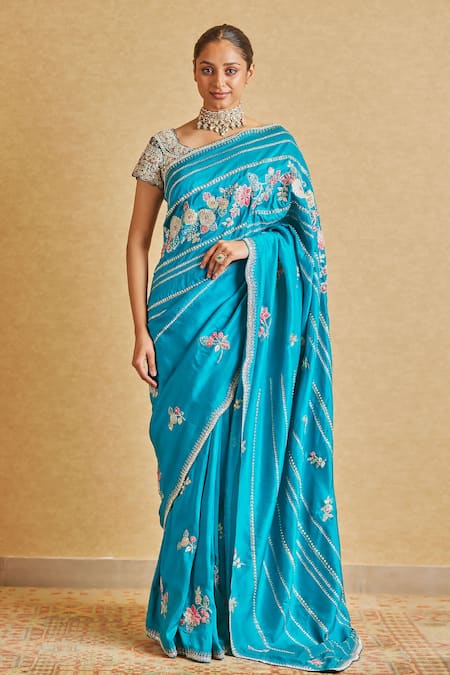 Osaa by Adarsh Green Mulberry Silk Hand Embroidery Flower Vine Saree With Blouse 