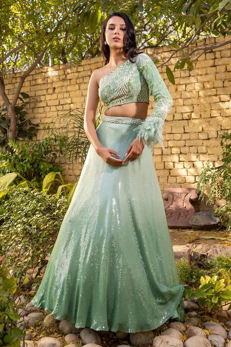 Suruchi Parakh Green Georgette, Organza Cut Work, Sequins, Beads Embroidered Lehenga Blouse Set Online at Aza Fashions Suruchi Parakh_Green Georgette, Organza Cut Work, Sequins, Beads Embroidered Lehenga Blouse Set _Online_at_Aza_Fashions