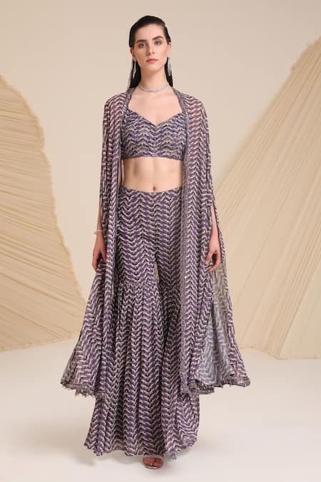 Divya Aggarwal Purple Georgette Printed Bustier Sweetheart Neck Aubree Cape Sharara Set 