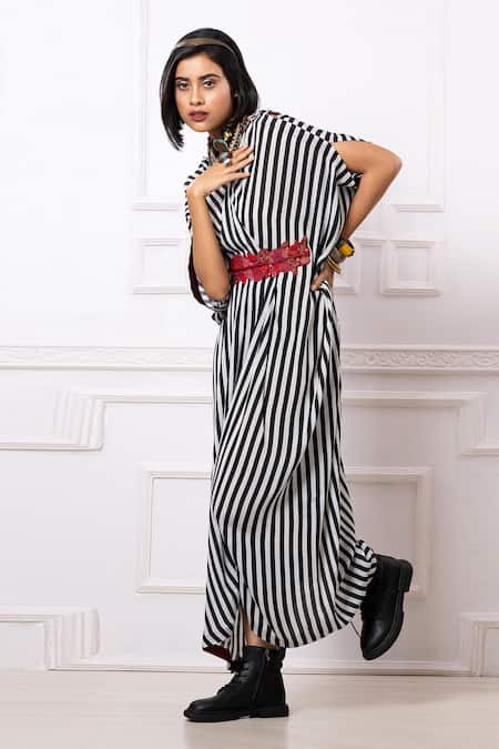Megha Garg Black Sequins V-neck Stripe Print Drape Kaftan Jumpsuit 