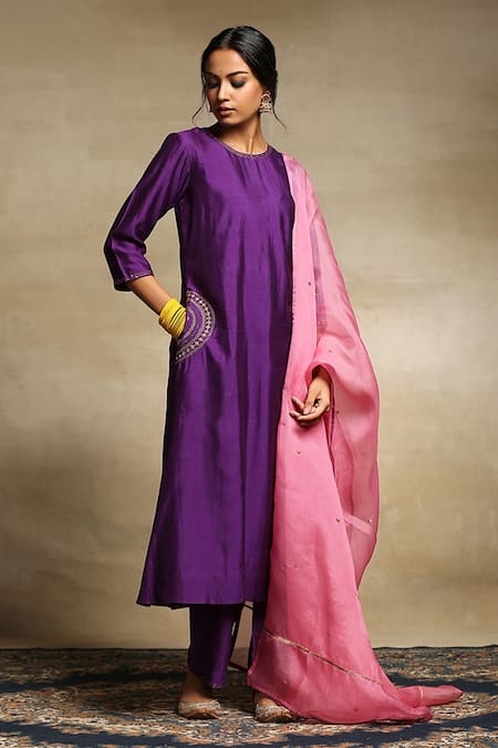Weaver Story Purple Dupatta Organza, Handwoven Pure Chanderi, Kurta Embroidered Pockets Set 