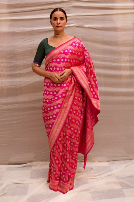 Buy Banarasi Silk Works Pink Woven Saree With Unstitched Blouse for Women  Online @ Tata CLiQ