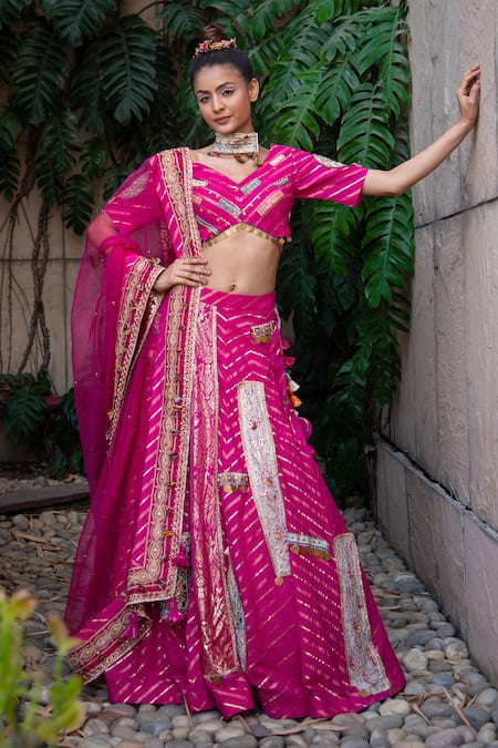 Soniya G Lurex Striped Pattern & Embroidered Lehenga Set 