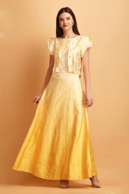 Shop_Label Ivish_Cream Viscose Embroidered Bead Round Pleated Drop Top With Ombre Skirt _at_Aza_Fashions