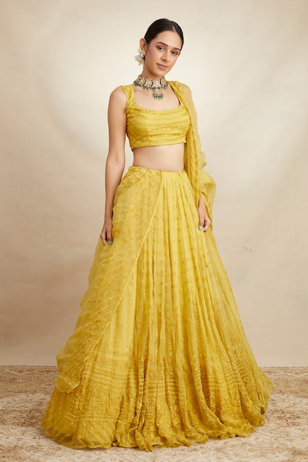 Astha Narang Yellow Organza Embroidered Thread Scoop Neck Bridal Lehenga Set  