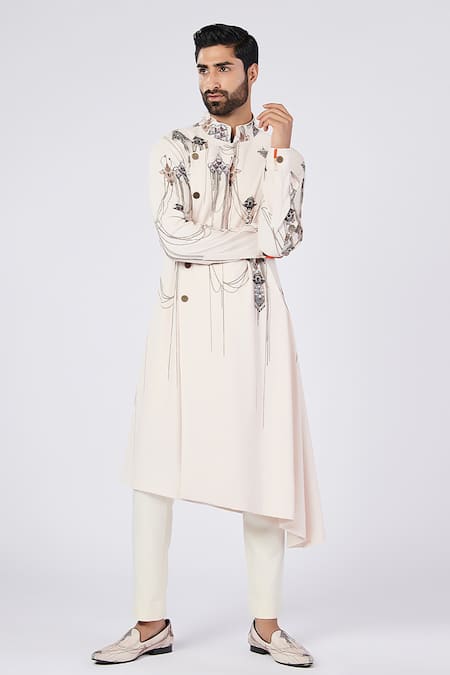 Buy S&N By Shantnu Nikhil Off White Crepe, Jersey Embroidery Crest Kurta at Aza Fashions Buy_S&N By Shantnu Nikhil_Off White Crepe, Jersey Embroidery Crest Kurta_at_Aza_Fashions