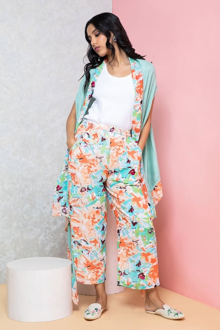 Rhe-Ana Printed Overlap Cape & Pant Set 