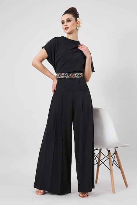 Aakaar Plain Draped Jumpsuit With Embellished Cluster Belt 