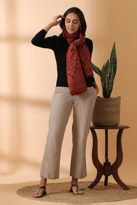Shingora Maroon Woven Paisley Border Detail Shawl