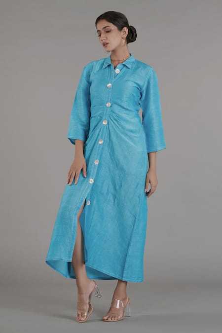 Dark Blue Button Down High-Low Denim Dress | EST-LS-118 | Cilory.com