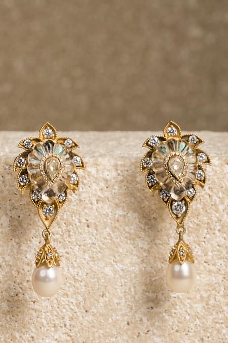 Tarun Tahiliani Ivory Fresh Water Pearls Rock Crystal Long Earrings 