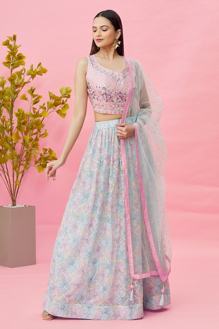 Sky Blue & Pink Embroidered Silk Wedding Wear Lehenga Choli - Jalkaa -  3967671