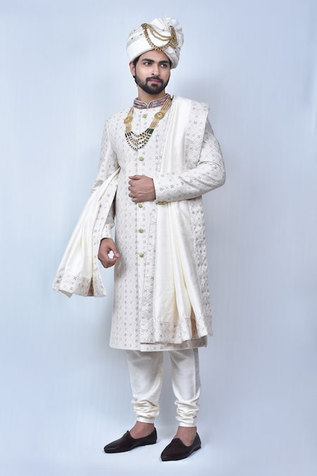 Arihant Rai Sinha Cream Art Silk Embroidery Thread Floral Pattern Sherwani Set 