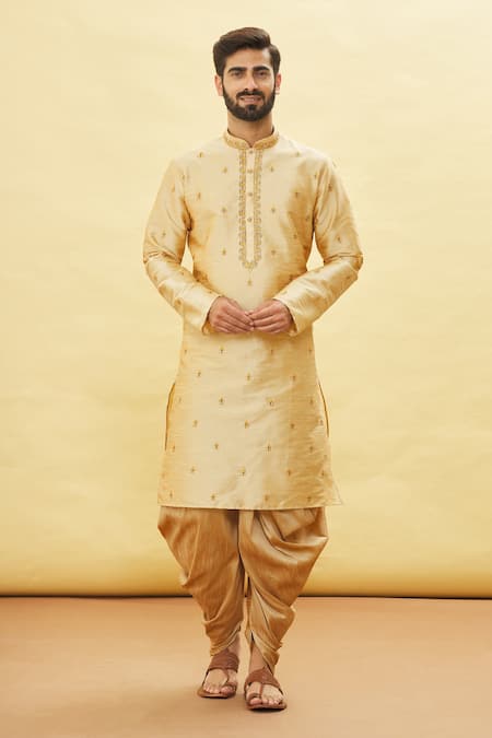 Arihant Rai Sinha Gold Silk Embroidered Floral Botanic Pattern Kurta And Dhoti Pant Set 