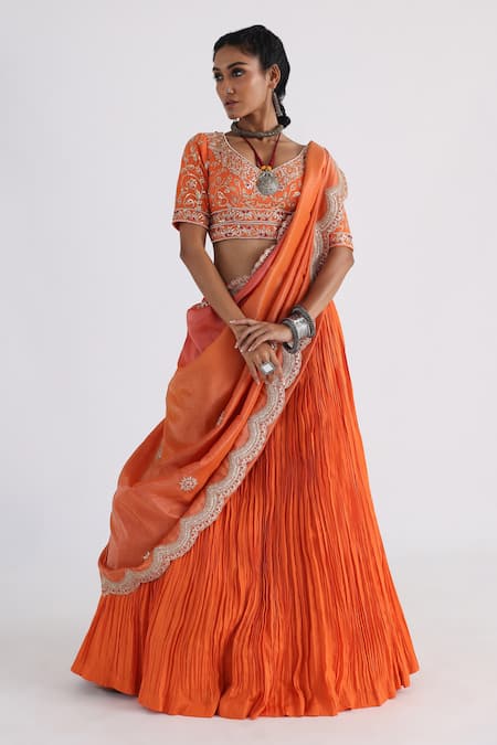 Smriti by Anju Agarwal Orange Blouse- Bam Silk And Taffeta Lehenga- Organza Hand Pleated Set
