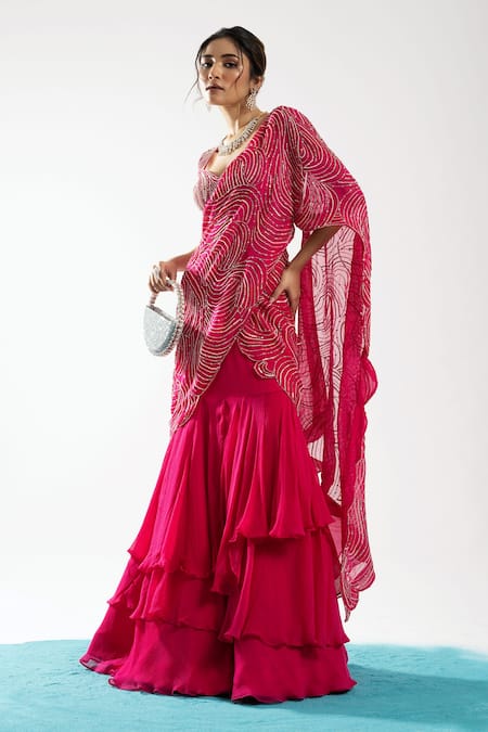 Charu and Vasundhara Fuchsia Blouse Tussar Embroidery Esra Pre-draped Tiered Lehenga Saree With 