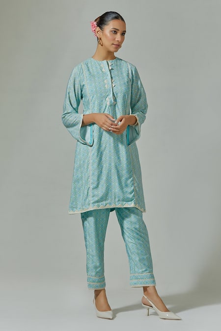 Basanti - Kapde Aur Koffee Green Muslin Geometric Round Print Kurta With Pant 