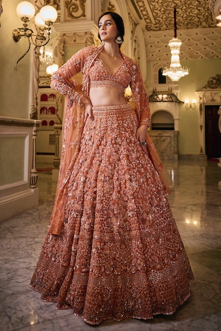 Buy Pink Raw Silk Embroidered Thread Broad V Raisa Bridal Lehenga Set For  Women by Dolly J Online at Aza Fashions.