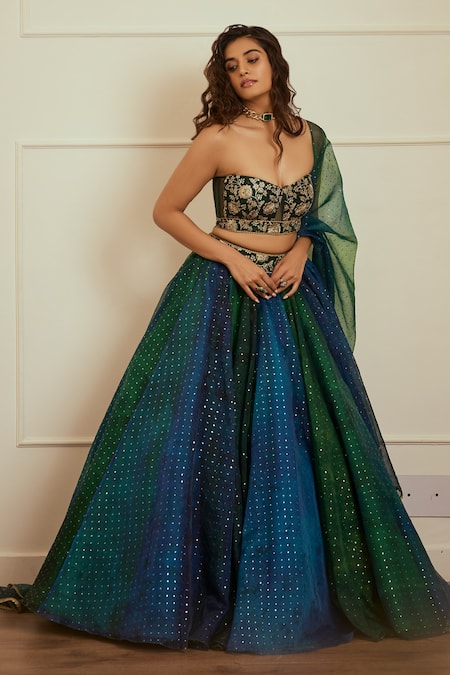 Cedar & Pine Blue Net Printed And Embroidered Gold Foil Sweetheart Neck Lehenga Set