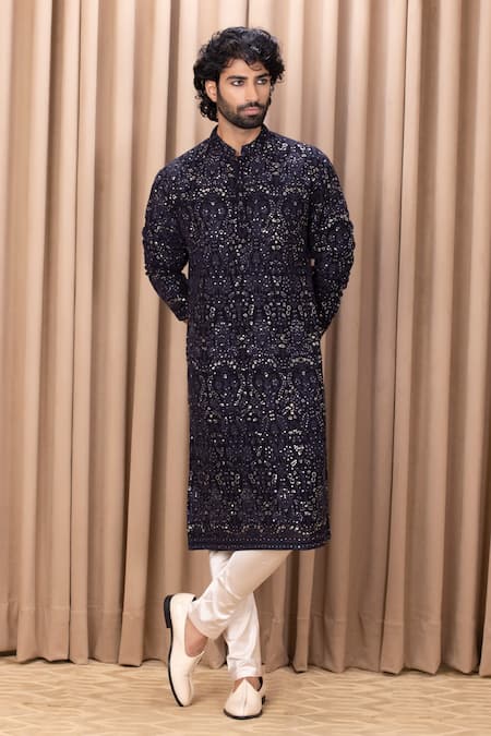 Ankit V Kapoor Blue Georgette, Cotton Sequins, Embroidery Aftaab Floral Thread Kurta Set