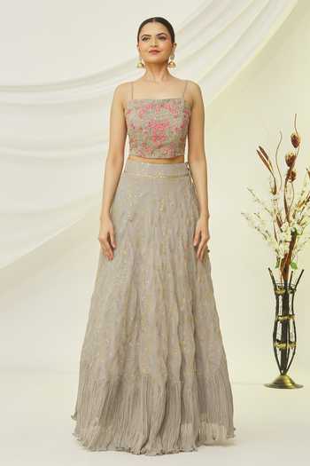 Buy Naintara Bajaj Grey Georgette Embroidered Floral Square Neck Crop Top And Lehenga Set Online at Aza Fashions Buy_Naintara Bajaj_Grey Georgette Embroidered Floral Square Neck Crop Top And Lehenga Set _Online_at_Aza_Fashions