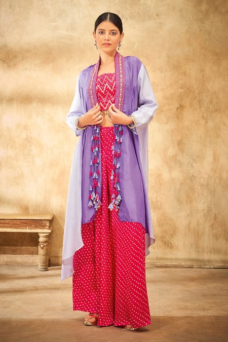 Aditi Somani Purple Pure Silk And Modal Satin Floral, Bandhani Color Blocked Cape And Pant Set 