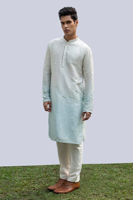 Kaka Calcutta Blue Bamboo, Cotton, Silk Mirrors Ombre Work Kurta Set 