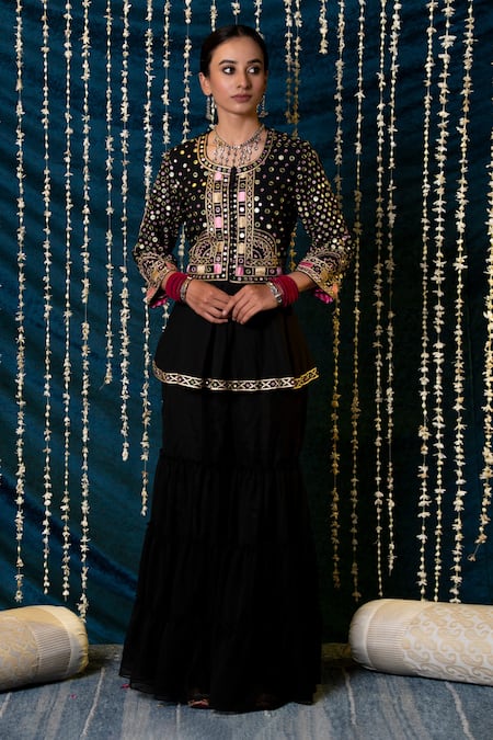 Maison Shefali Black Jacket Cotton Embroidered Mirror Round Aks Peplum And Gharara Set 