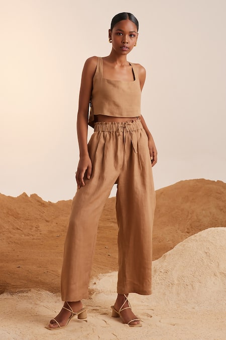 Buy Brown Linen Square Neck Sleeveless Crop Top And Pant Set For Women by  Cord Online at Aza Fashions.