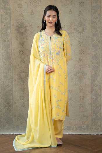 Yellow Embroidered With Sequin Work kurta And Glitter Printed Festive Culottes Set
