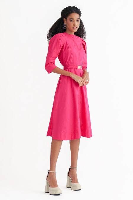 Notebook Pink Cotton Poplin Plain Darcie Constructed Pleated Shirt Dress 