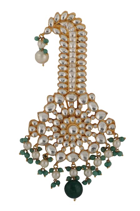 Shop_Riana Jewellery_Green Beads Stone Studded And Cutout Kalangi _at_Aza_Fashions