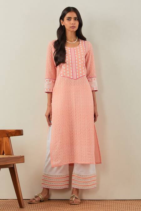 Buy The Indian Cause Peach Cotton Embroidery Chikankari Round Rooh Kurta And Palazzo Set at Aza Fashions Buy_The Indian Cause_Peach Cotton Embroidery Chikankari Round Rooh Kurta And Palazzo Set _at_Aza_Fashions