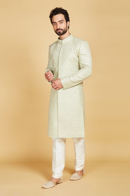 Amrin khan Hand Embroidered Floral Tile Sherwani Set 