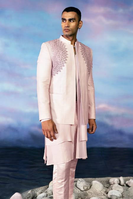 Shop Rohit Gandhi + Rahul Khanna Pink Viscose, Georgette, Chanderi Pinwheel Embellished Bandhgala Kurta Set at Aza Fashions Shop_Rohit Gandhi + Rahul Khanna_Pink Viscose, Georgette, Chanderi Pinwheel Embellished Bandhgala Kurta Set _at_Aza_Fashions
