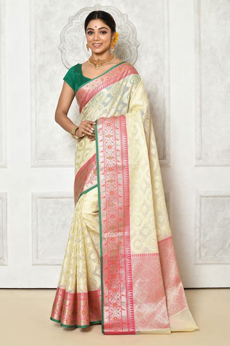 Nazaakat by Samara Singh Off White Banarasi Cotton Silk Woven Geometric And Floral Pattern Saree