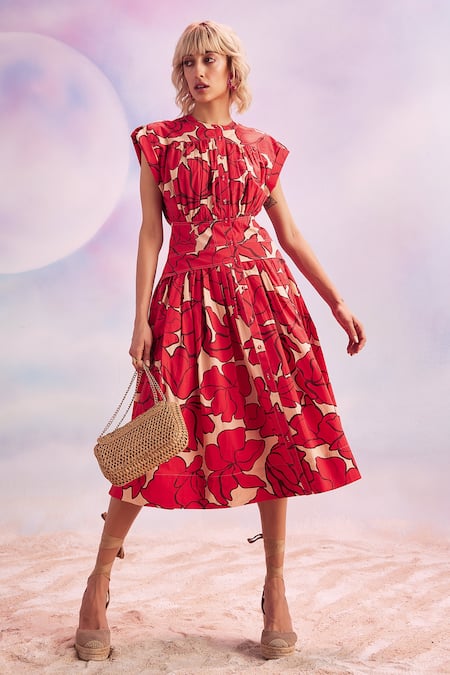 House of eda Red Cotton Print Abstract Flower Round Neck Talia Dress 