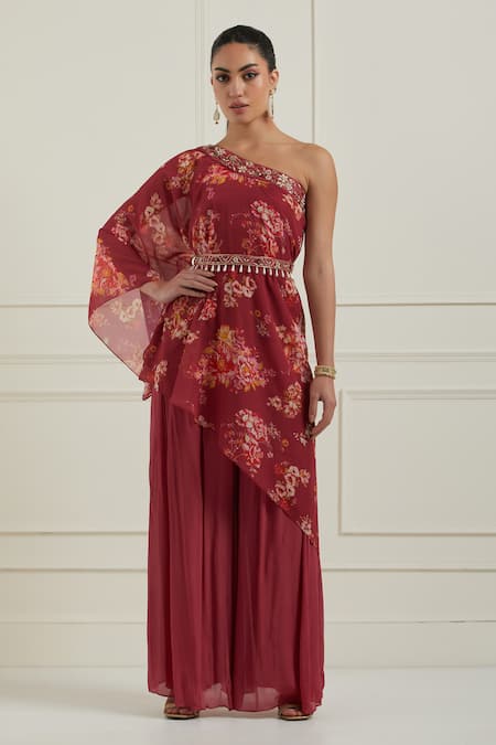 Label Nitisha Red Georgette Printed Floral Pattern One Shoulder Tunic And Palazzo Set 