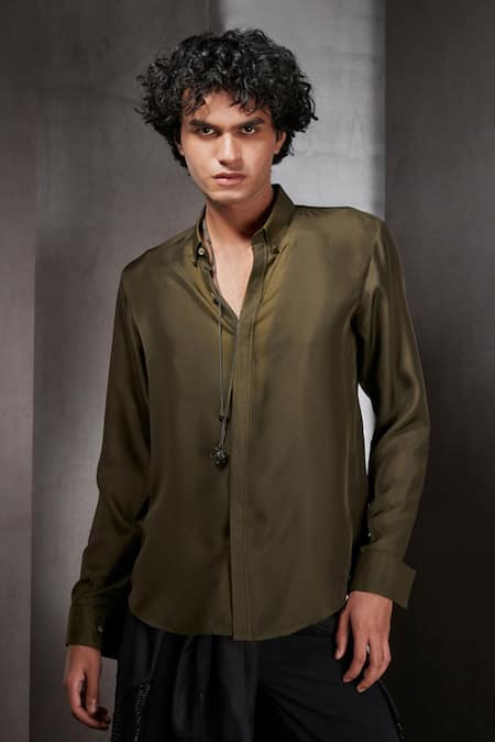 Rohit Gandhi + Rahul Khanna Green Silk Embroidered Resham Work Placket Shirt 