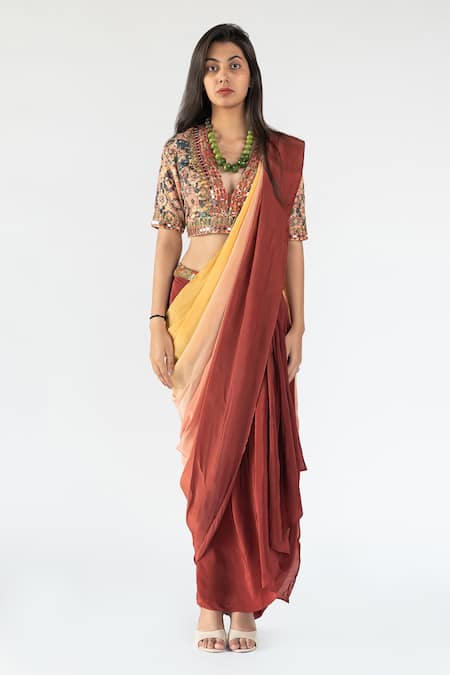 Nikita Vishakha Brown Crepe Embroidered Mirror V Neck Ombre Dyed Cowl Skirt Saree With Blouse