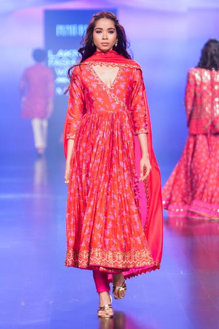 Punit Balana_Red Chanderi Silk, Organza Embroidery Surkh Laal Floral Print Angarkha Set _Online_at_Aza_Fashions