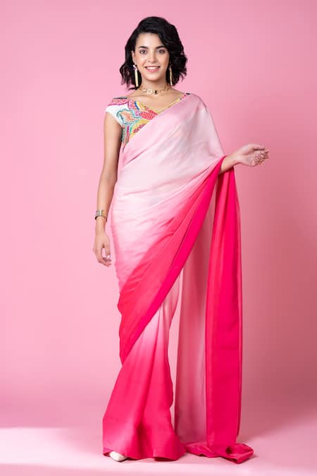 Buy_Siddhartha Bansal_Multi Color Pure Satin Embroidered Patchwork V Ombre Saree With Blouse  _Online_at_Aza_Fashions