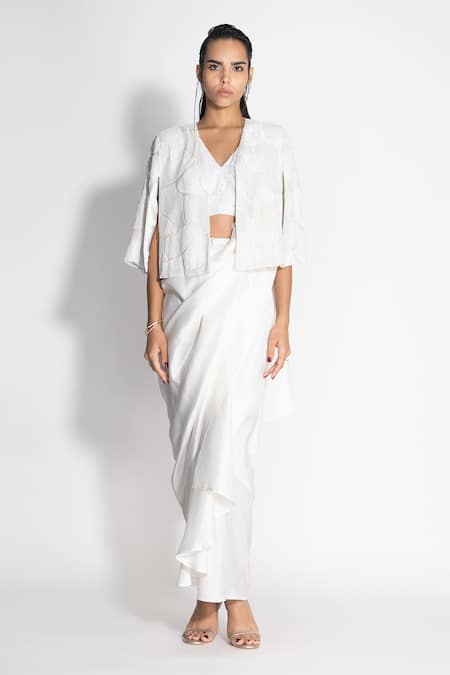 431-88 By Shweta Kapur White Silk Embellished Cutdana V Pre-draped Saree And Work Cape Set  
